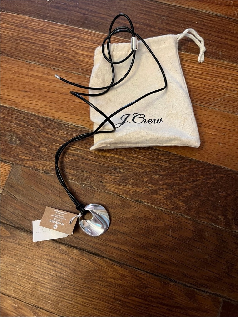 J. Crew Silver Round Disc Necklace with Black Cord